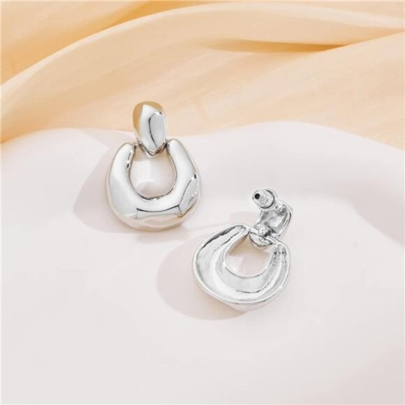 Unique Silver Drop Earrings | Modern Door Knocker Statement Studs - Picture 4 of 5